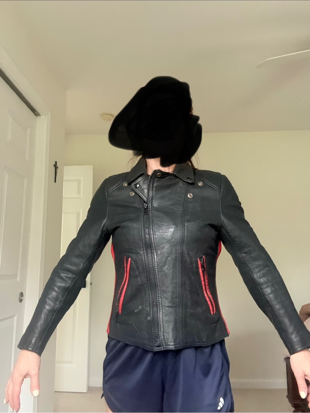 Black Leather Motorcycle Jacket with Red Trim - Women's - Picture 7 of 15